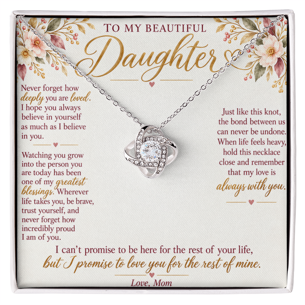 To My Daughter Necklace — Love Knot Pendant with Message Card | Christmas Gift for Daughter (Love, Mom)