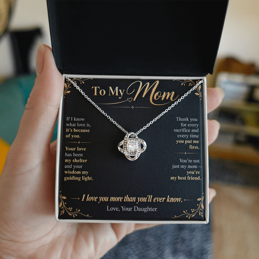 To My Mom Necklace — Love Knot Pendant with Message Card | Christmas Gift for Mom (From Daughter – Midnight Black)
