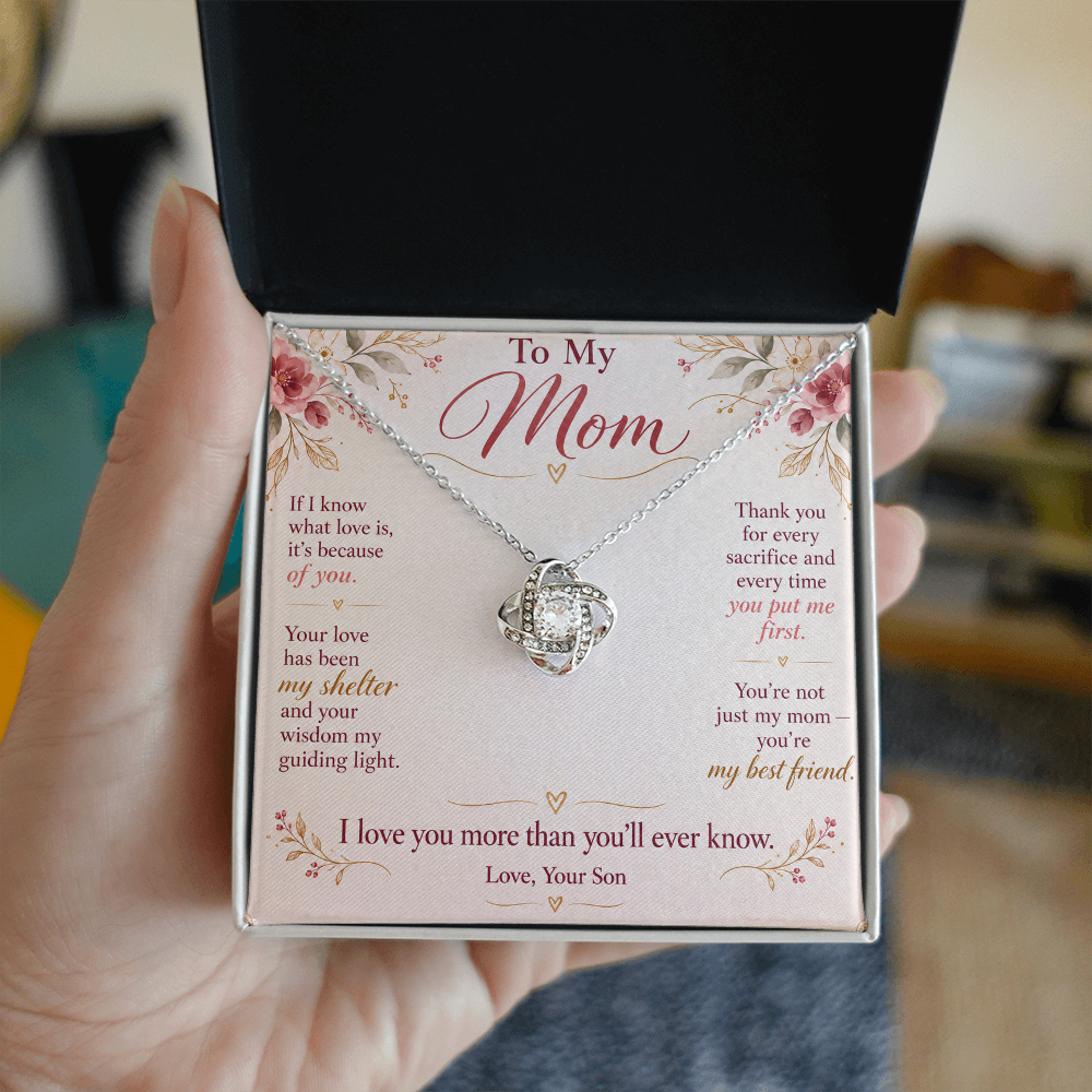 To My Mom Necklace — Love Knot Pendant with Message Card | Christmas Gift for Mom (From Son)