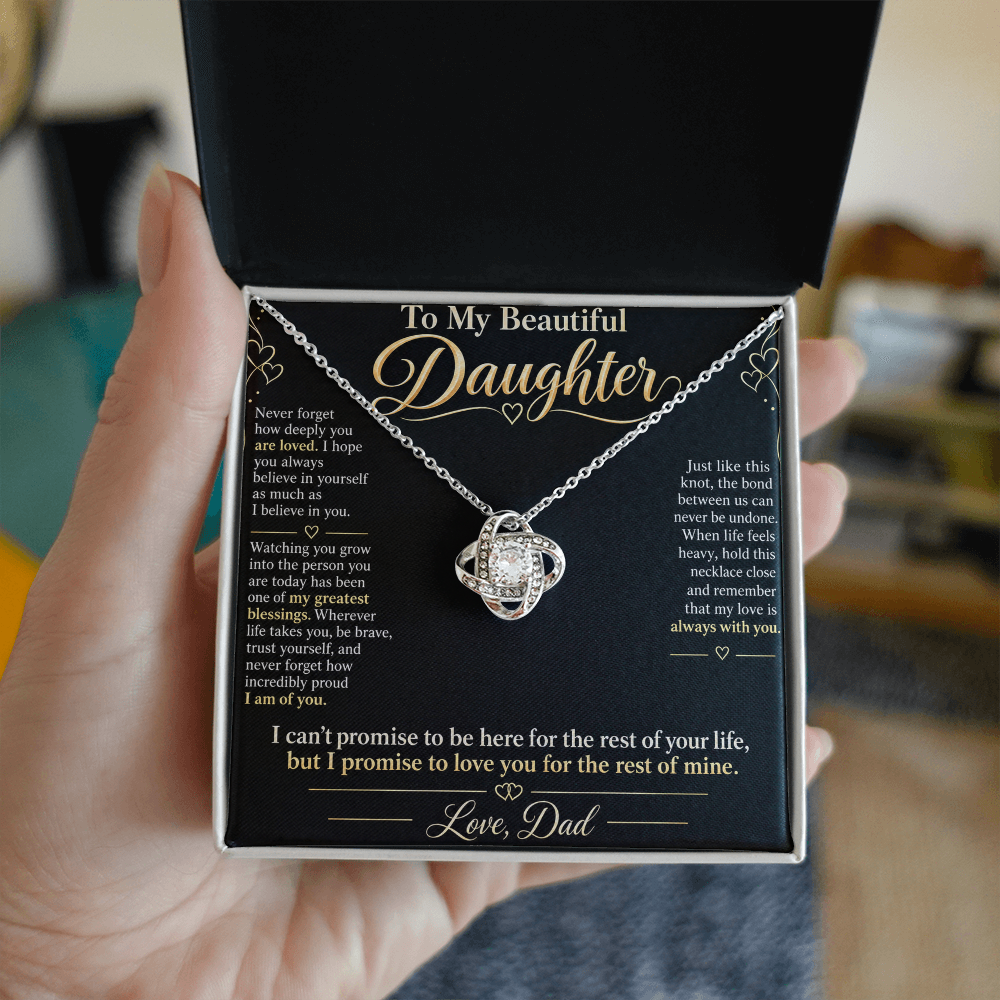 To My Daughter Necklace — Love Knot Pendant with Message Card | Christmas Gift for Daughter (Love, Dad)