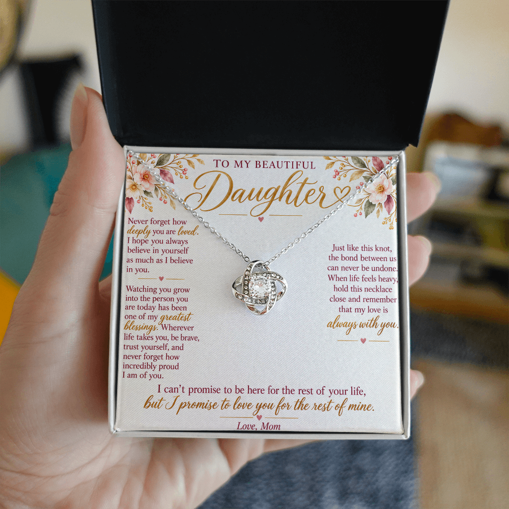 To My Daughter Necklace — Love Knot Pendant with Message Card | Christmas Gift for Daughter (Love, Mom)