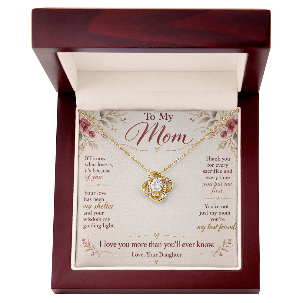 To My Mom Necklace — Love Knot Pendant with Message Card | Christmas Gift for Mom (From Daughter)
