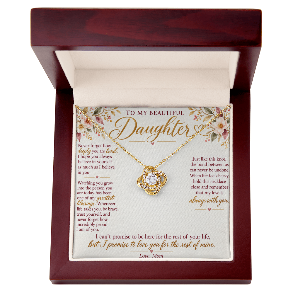 To My Daughter Necklace — Love Knot Pendant with Message Card | Christmas Gift for Daughter (Love, Mom)