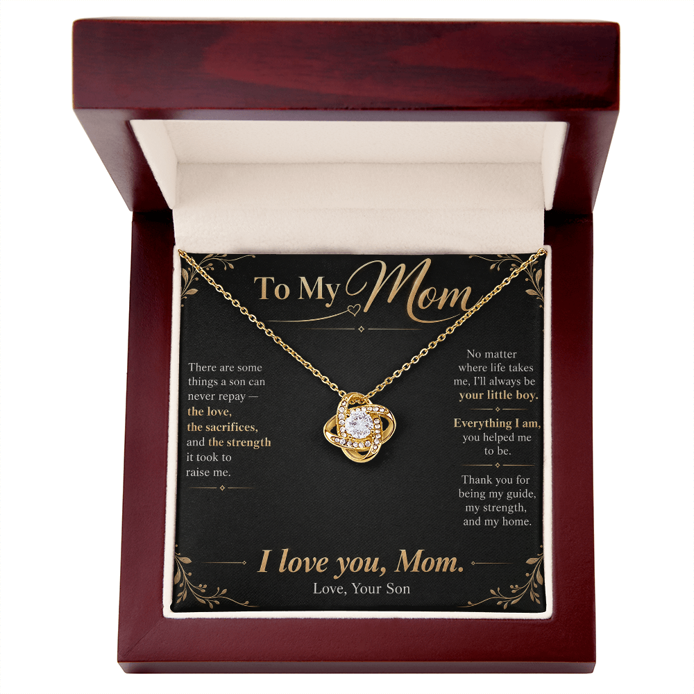 To My Mom Necklace — Love Knot Pendant with Message Card | Christmas Gift for Mom (From Son – Midnight Black)