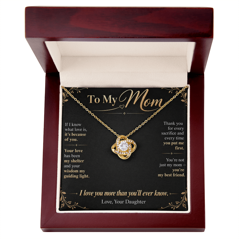 To My Mom Necklace — Love Knot Pendant with Message Card | Christmas Gift for Mom (From Daughter – Midnight Black)
