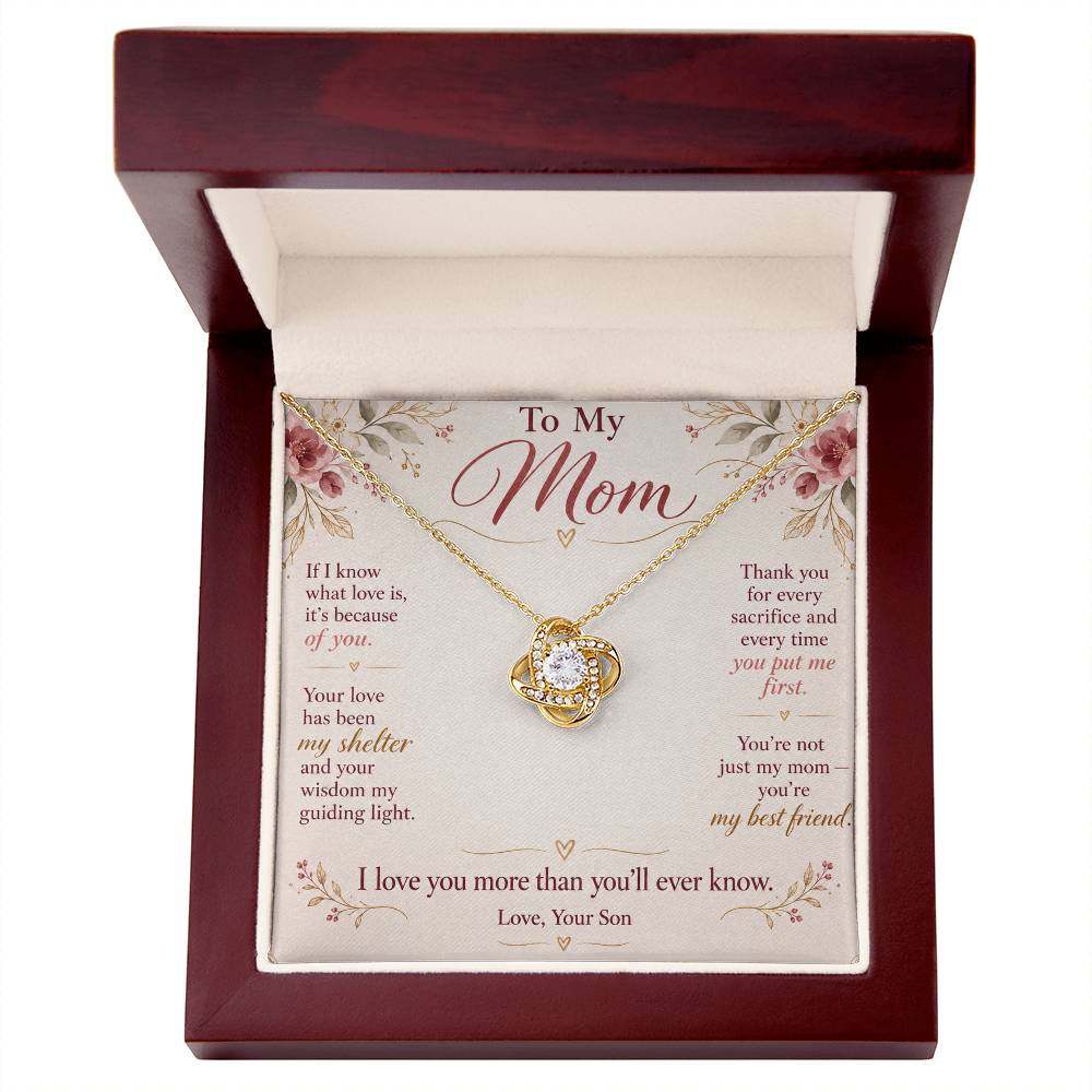 To My Mom Necklace — Love Knot Pendant with Message Card | Christmas Gift for Mom (From Son)