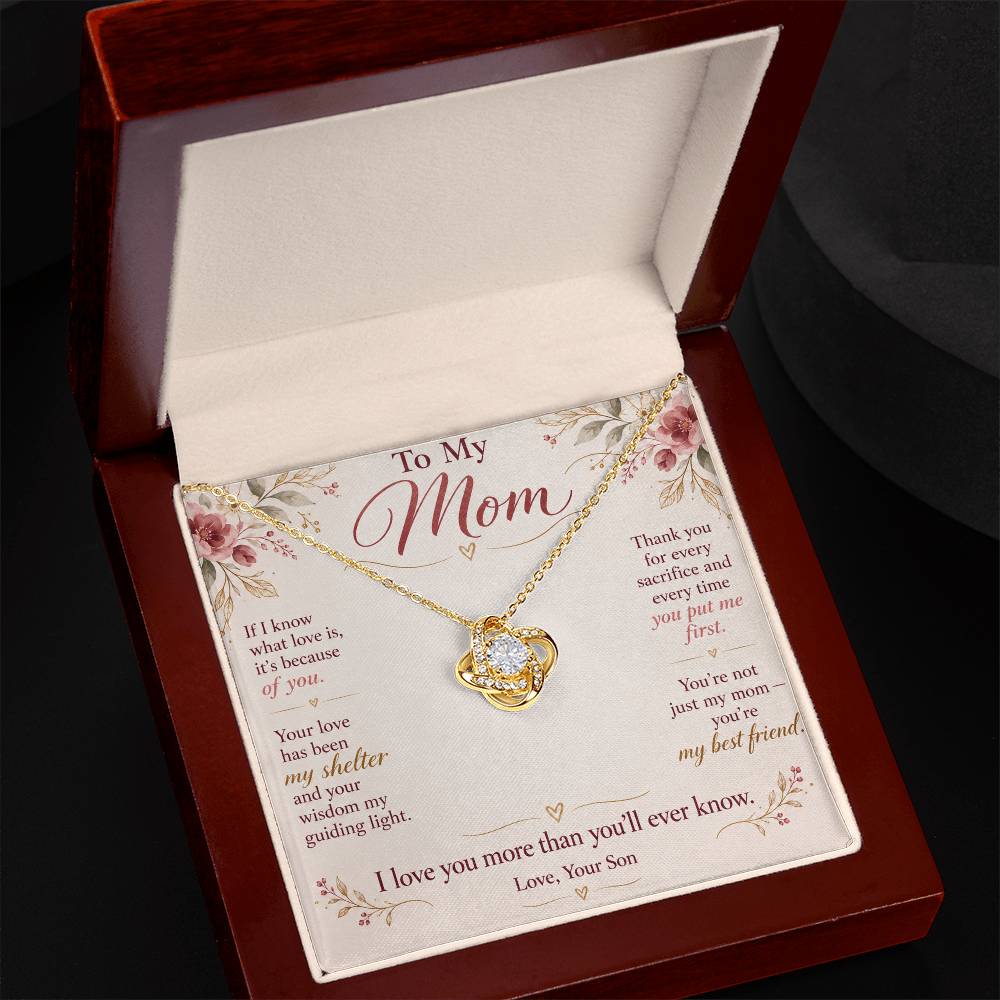 To My Mom Necklace — Love Knot Pendant with Message Card | Christmas Gift for Mom (From Son)