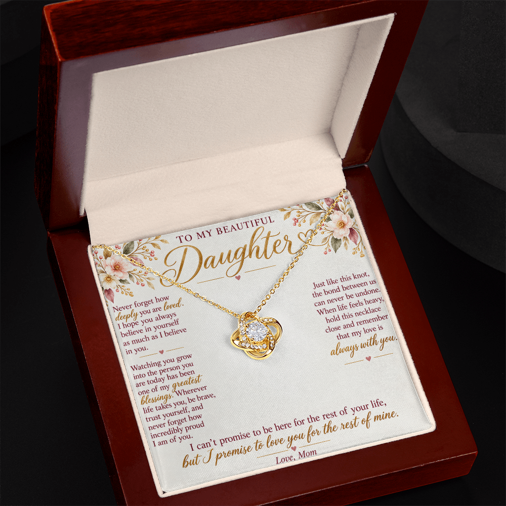 To My Daughter Necklace — Love Knot Pendant with Message Card | Christmas Gift for Daughter (Love, Mom)