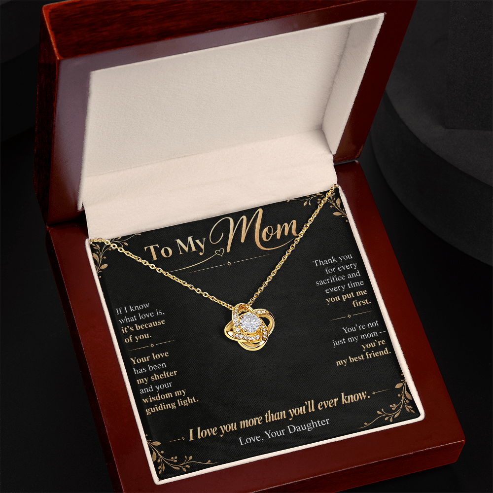 To My Mom Necklace — Love Knot Pendant with Message Card | Christmas Gift for Mom (From Daughter – Midnight Black)