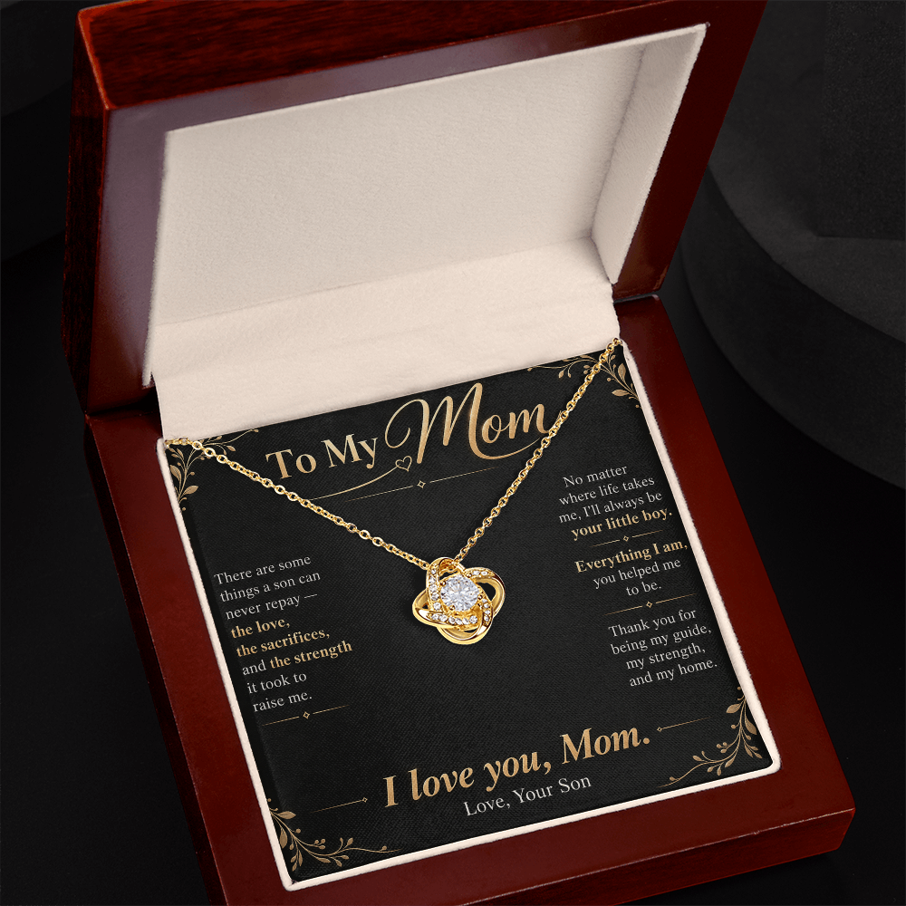 To My Mom Necklace — Love Knot Pendant with Message Card | Christmas Gift for Mom (From Son – Midnight Black)