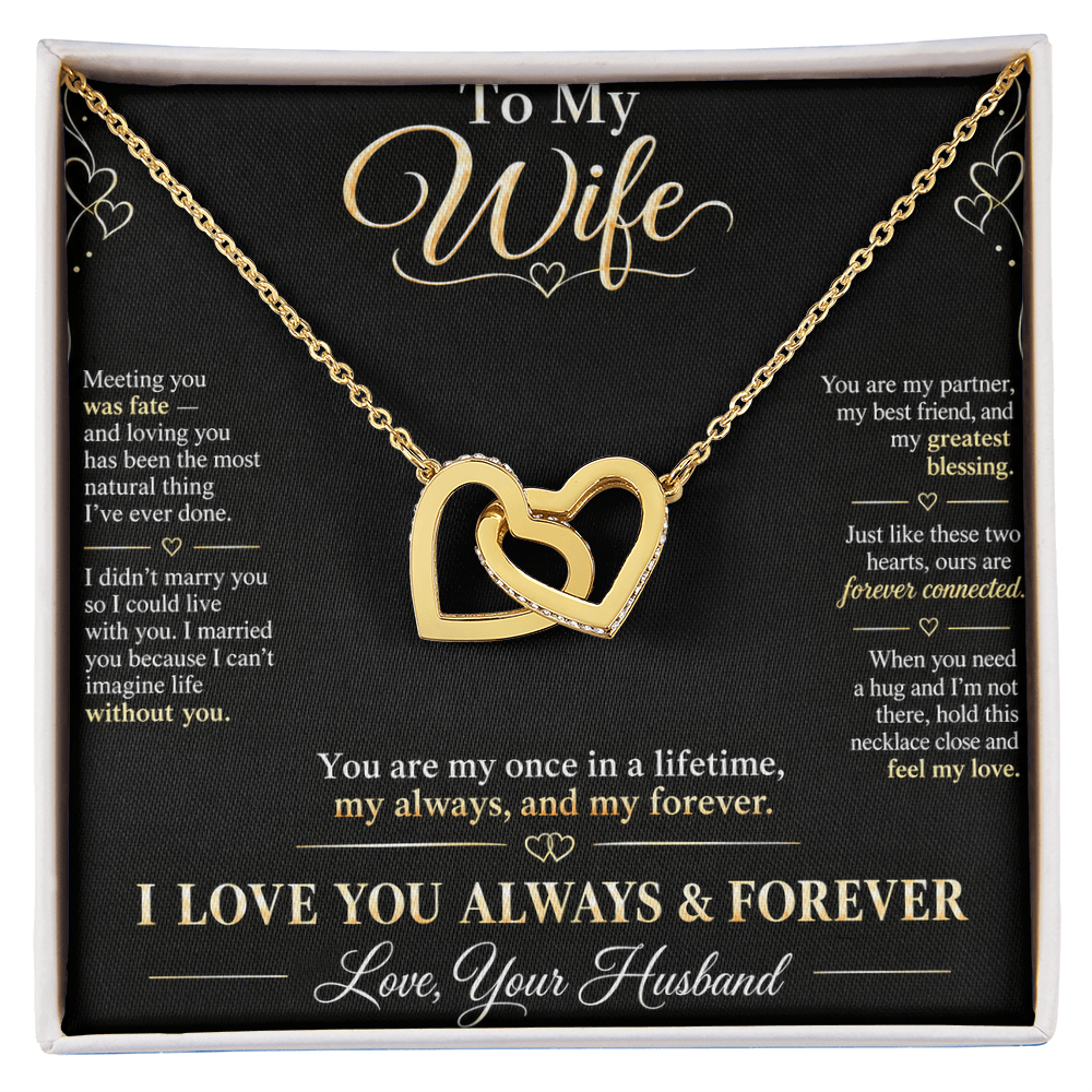 To My Wife Necklace — Interlocking Hearts Pendant with Message Card | Anniversary Gift for Wife (Midnight Black Card)