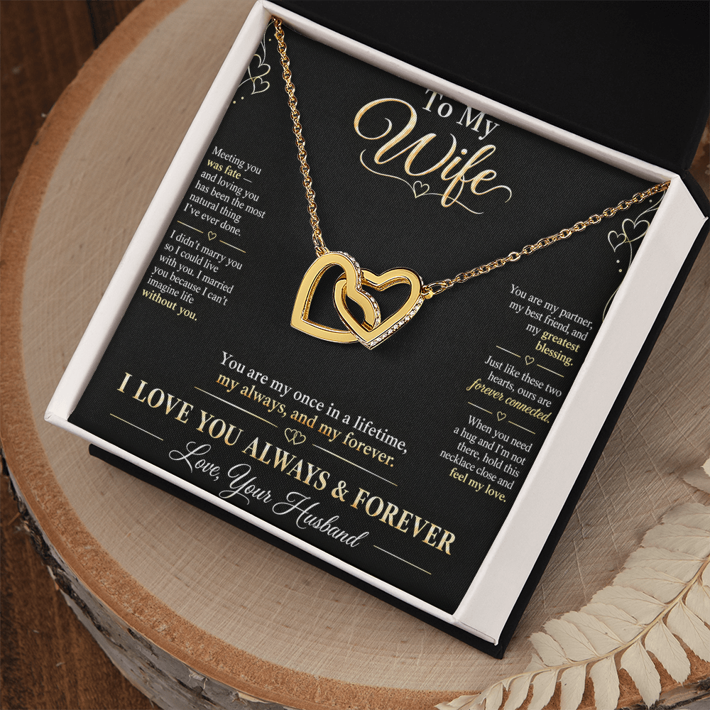 To My Wife Necklace — Interlocking Hearts Pendant with Message Card | Anniversary Gift for Wife (Midnight Black Card)