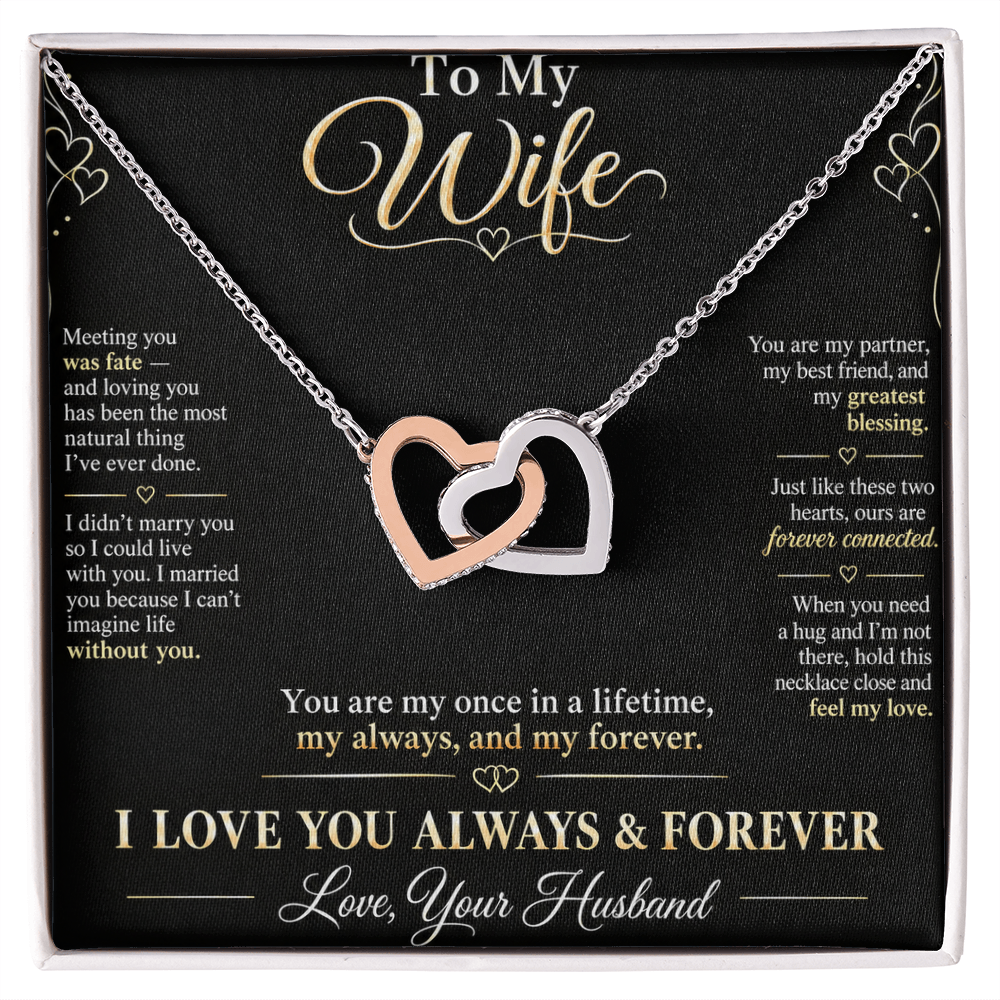 To My Wife Necklace — Interlocking Hearts Pendant with Message Card | Anniversary Gift for Wife (Midnight Black Card)
