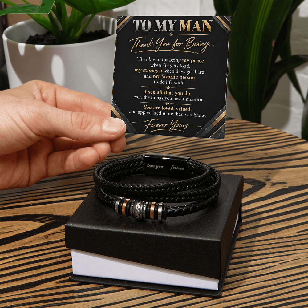 To My Man Bracelet — Leather Bracelet with Message Card | Christmas Gift for Him (Thank You for Being My Peace)