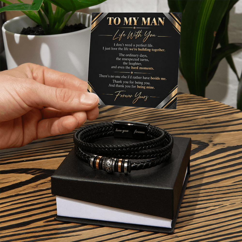To My Man Bracelet — Leather Bracelet with Message Card | Christmas Gift for Him (Life With You)