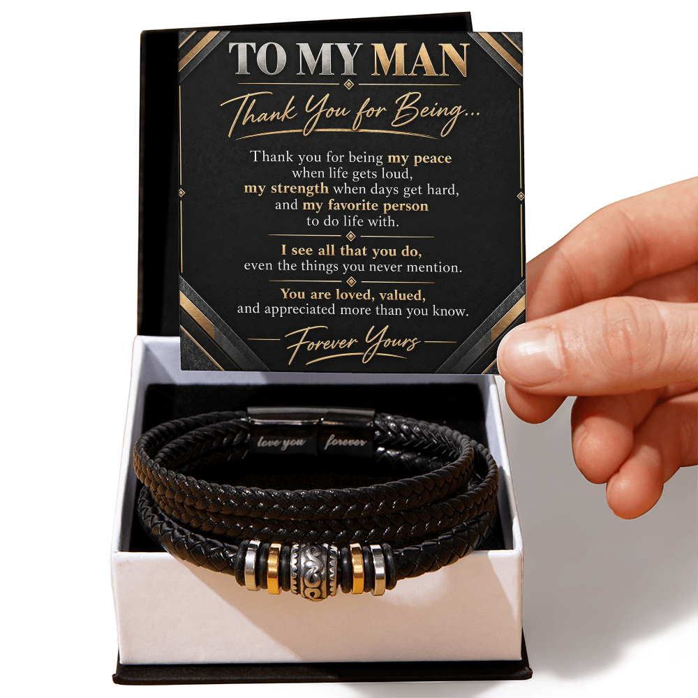 To My Man Bracelet — Leather Bracelet with Message Card | Christmas Gift for Him (Thank You for Being My Peace)