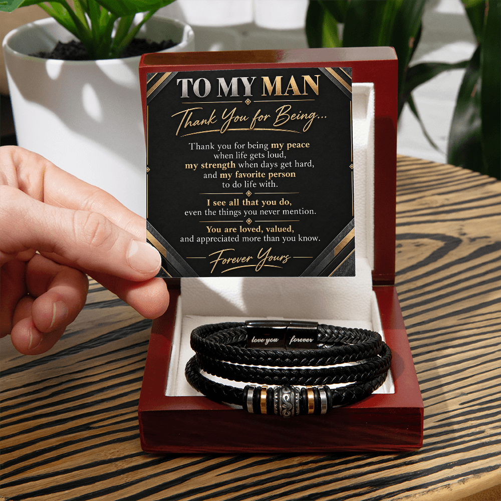 To My Man Bracelet — Leather Bracelet with Message Card | Christmas Gift for Him (Thank You for Being My Peace)