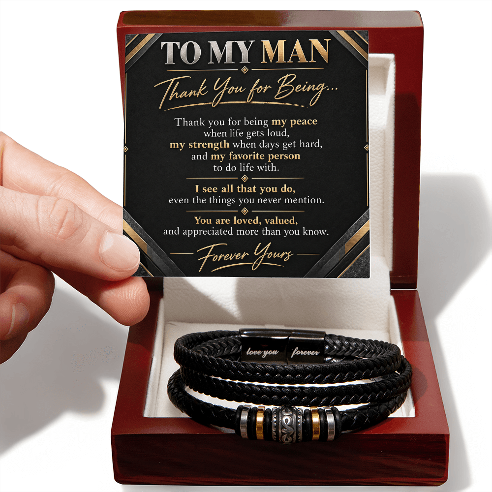 To My Man Bracelet — Leather Bracelet with Message Card | Christmas Gift for Him (Thank You for Being My Peace)
