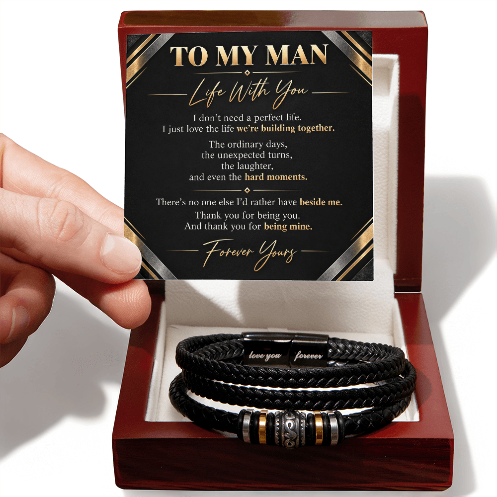 To My Man Bracelet — Leather Bracelet with Message Card | Christmas Gift for Him (Life With You)