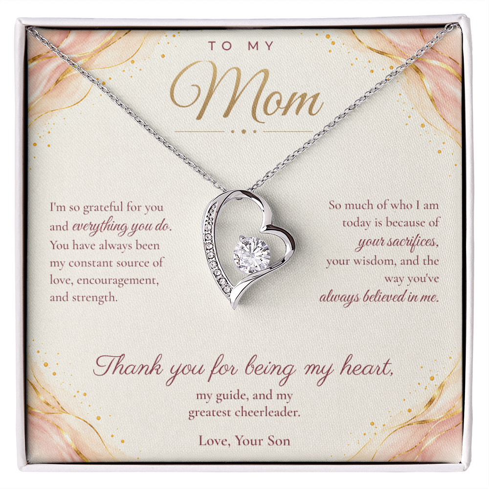 To My Mom Necklace — Forever Love Heart Pendant with Message Card | Christmas Gift for Mom (From Son – Blush Waves)