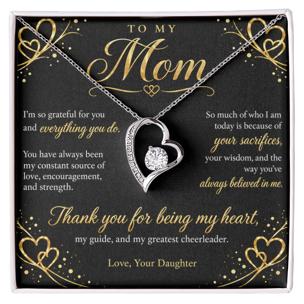 To My Mom Necklace — Forever Love Heart Pendant with Message Card | Gift for Mom from Daughter (Midnight Gold Hearts)