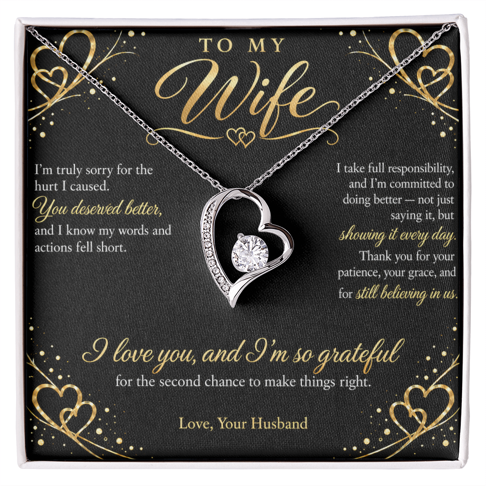 To My Wife Necklace — Forever Love Heart Pendant with Apology Message Card | I'm Sorry Gift for Wife (Midnight Gold Hearts)