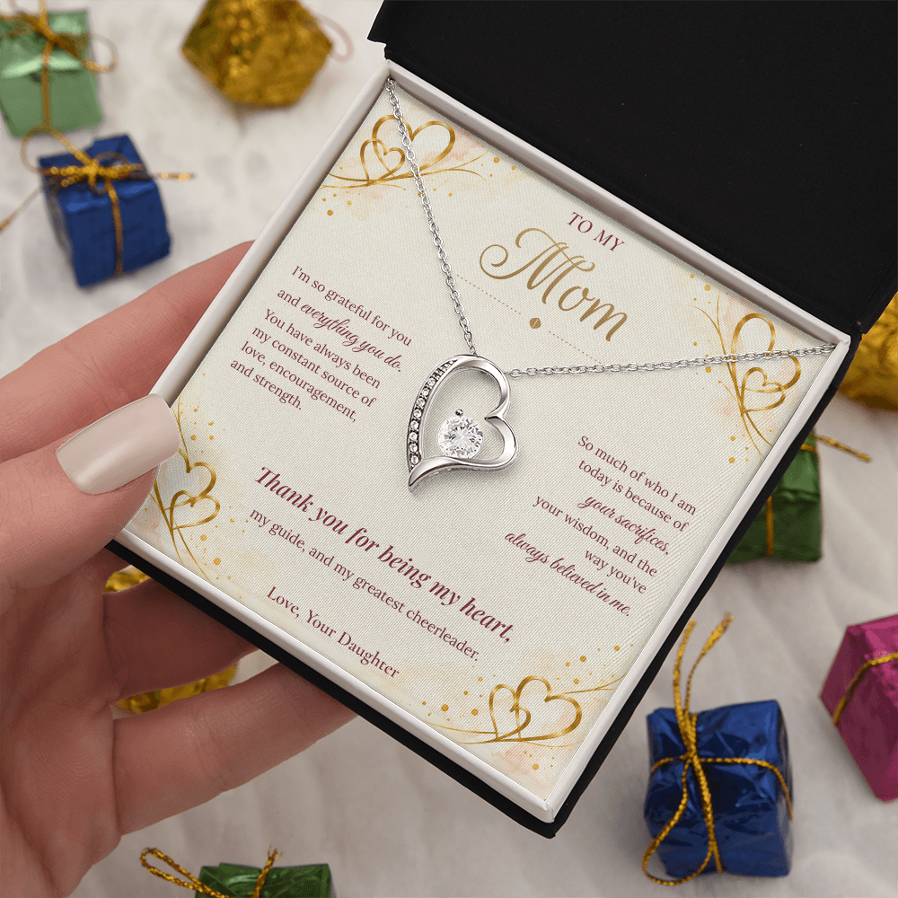 To My Mom Necklace — Forever Love Heart Pendant with Message Card | Christmas Gift for Mom (From Daughter – Gold Hearts)