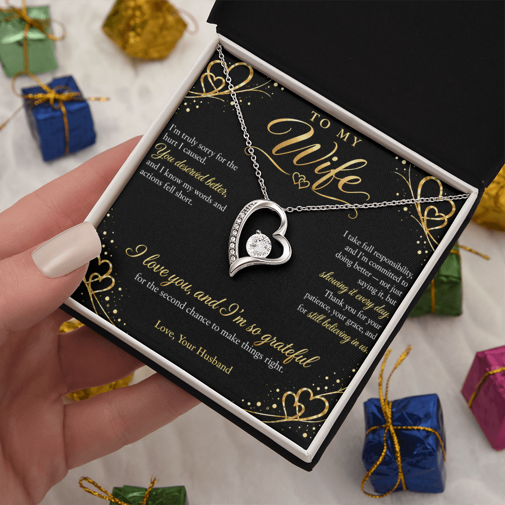 To My Wife Necklace — Forever Love Heart Pendant with Apology Message Card | I'm Sorry Gift for Wife (Midnight Gold Hearts)