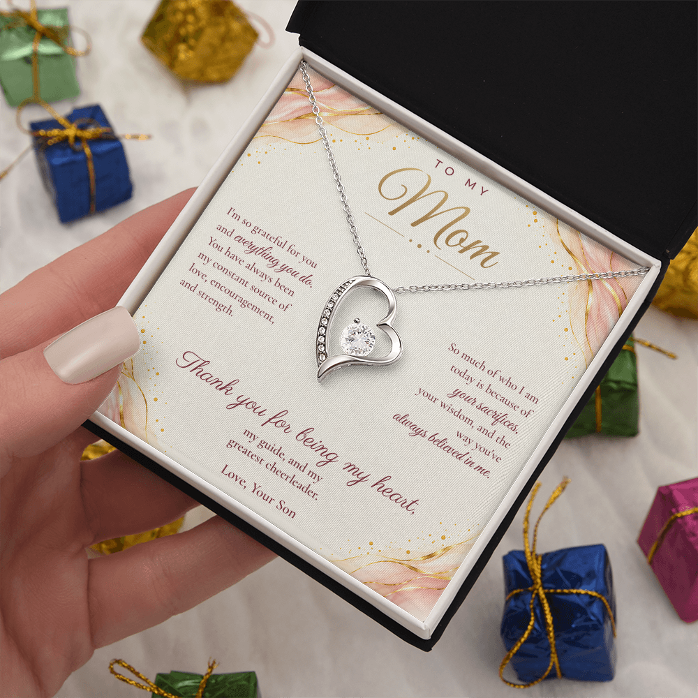 To My Mom Necklace — Forever Love Heart Pendant with Message Card | Christmas Gift for Mom (From Son – Blush Waves)