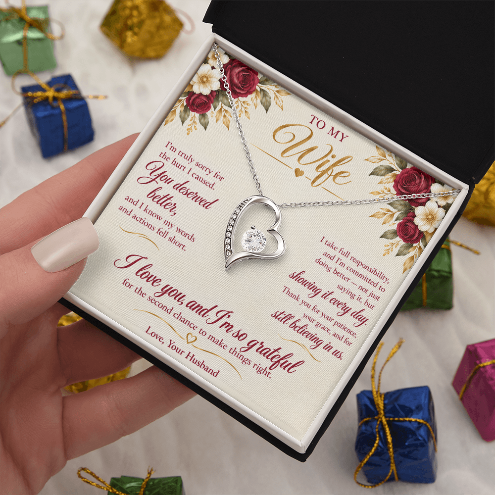 To My Wife Necklace — Forever Love Heart Pendant with Message Card | I'm Sorry Apology Gift for Wife