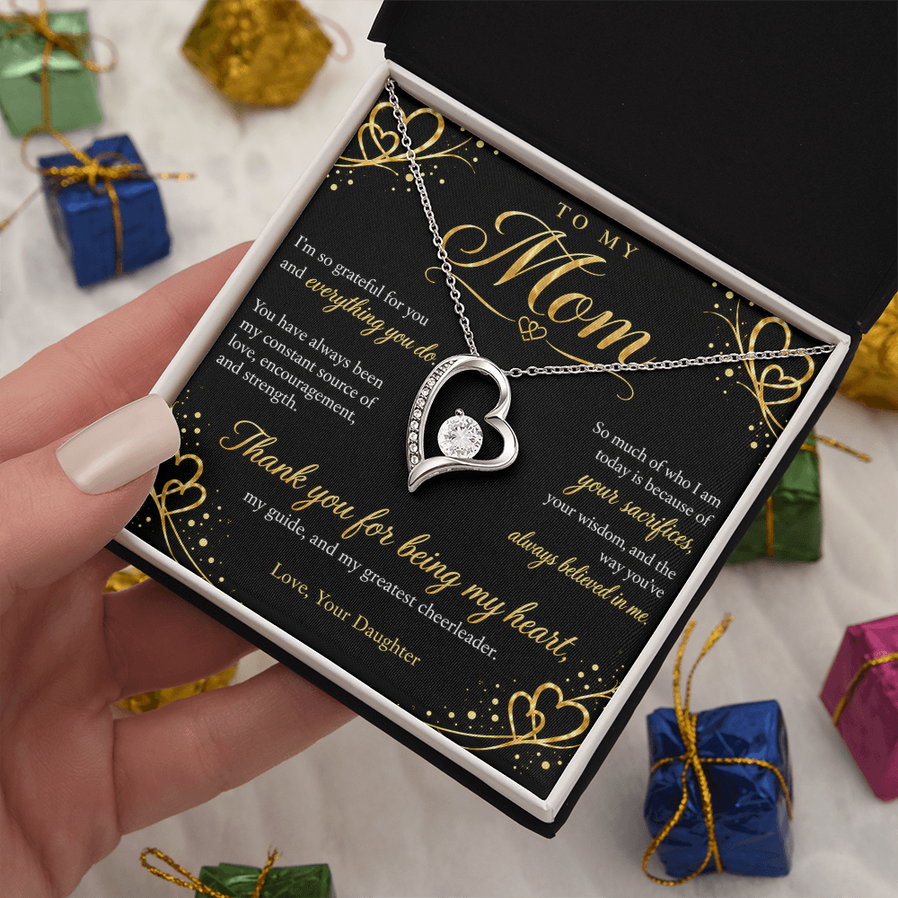 To My Mom Necklace — Forever Love Heart Pendant with Message Card | Gift for Mom from Daughter (Midnight Gold Hearts)