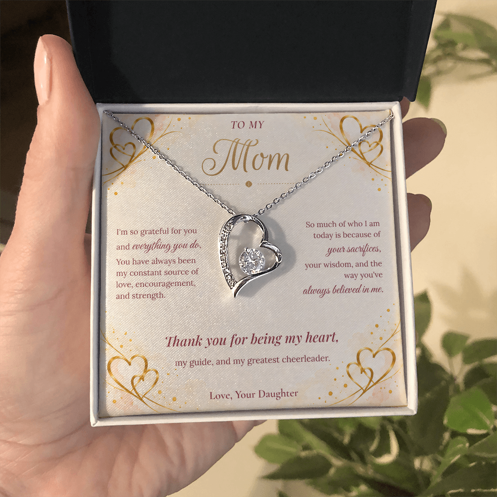 To My Mom Necklace — Forever Love Heart Pendant with Message Card | Christmas Gift for Mom (From Daughter – Gold Hearts)