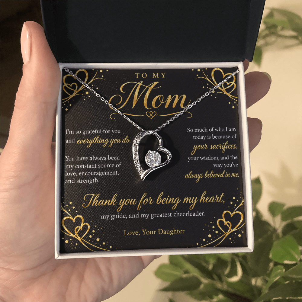 To My Mom Necklace — Forever Love Heart Pendant with Message Card | Gift for Mom from Daughter (Midnight Gold Hearts)