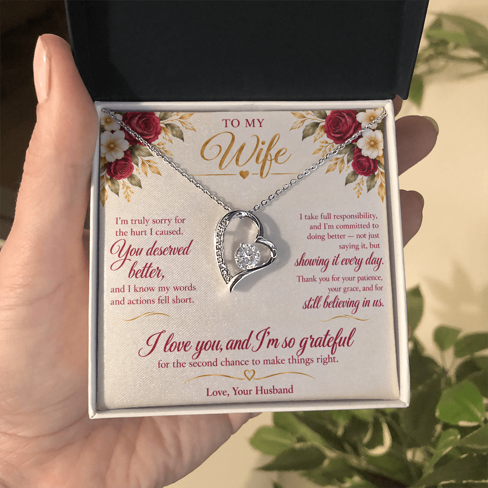 To My Wife Necklace — Forever Love Heart Pendant with Message Card | I'm Sorry Apology Gift for Wife