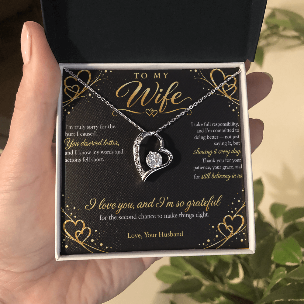 To My Wife Necklace — Forever Love Heart Pendant with Apology Message Card | I'm Sorry Gift for Wife (Midnight Gold Hearts)
