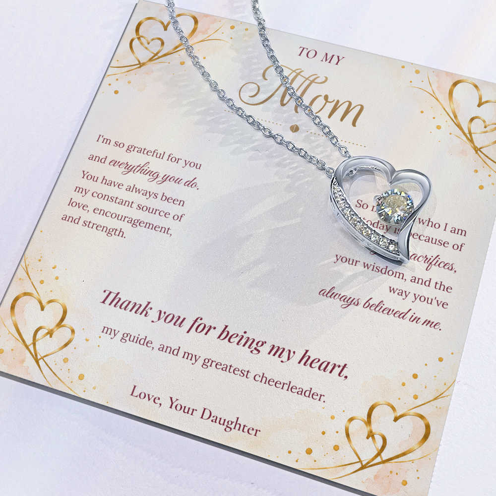 To My Mom Necklace — Forever Love Heart Pendant with Message Card | Christmas Gift for Mom (From Daughter – Gold Hearts)