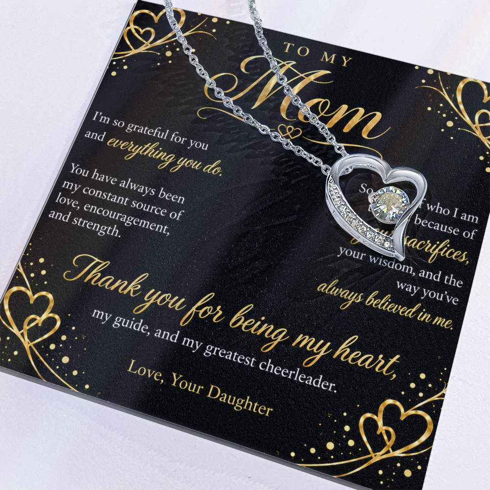 To My Mom Necklace — Forever Love Heart Pendant with Message Card | Gift for Mom from Daughter (Midnight Gold Hearts)