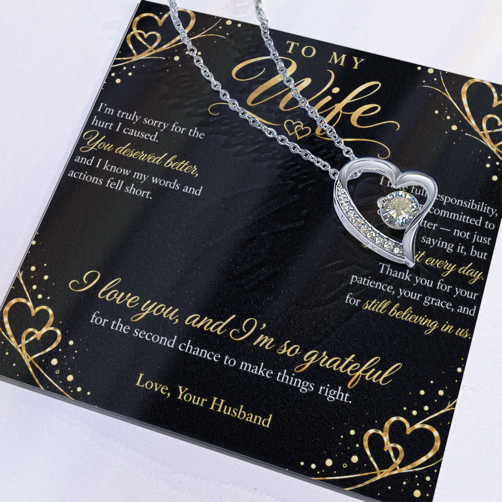 To My Wife Necklace — Forever Love Heart Pendant with Apology Message Card | I'm Sorry Gift for Wife (Midnight Gold Hearts)