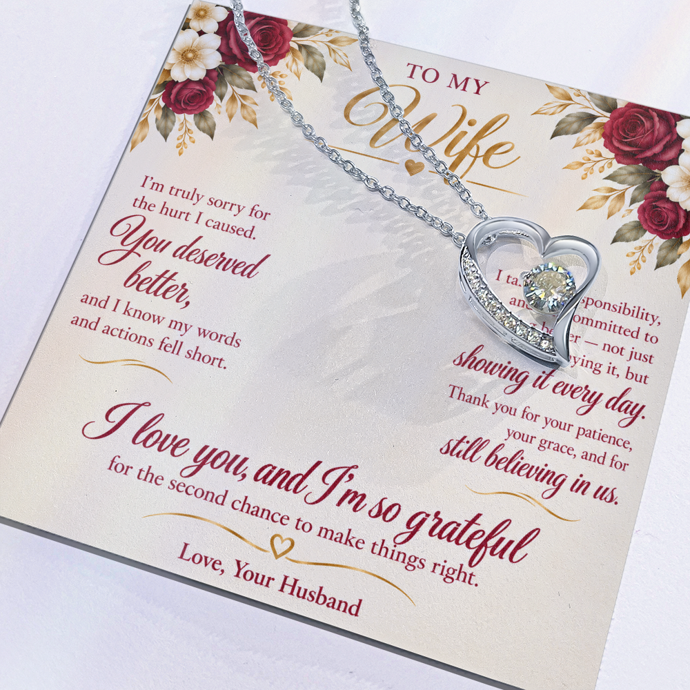 To My Wife Necklace — Forever Love Heart Pendant with Message Card | I'm Sorry Apology Gift for Wife