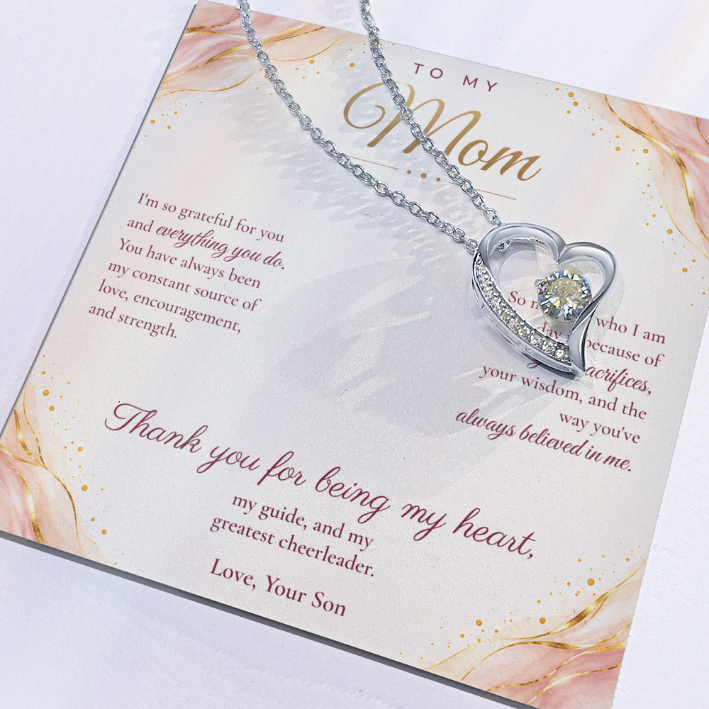 To My Mom Necklace — Forever Love Heart Pendant with Message Card | Christmas Gift for Mom (From Son – Blush Waves)