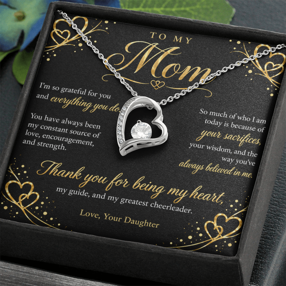 To My Mom Necklace — Forever Love Heart Pendant with Message Card | Gift for Mom from Daughter (Midnight Gold Hearts)