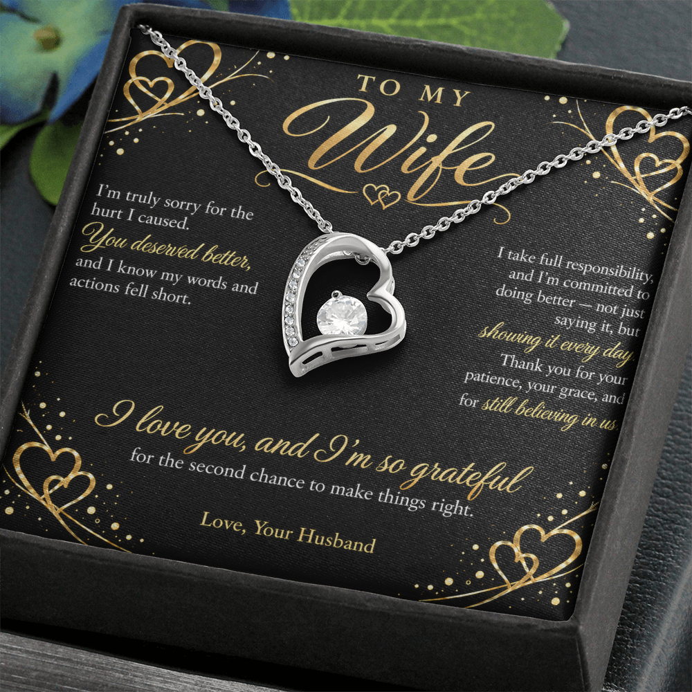 To My Wife Necklace — Forever Love Heart Pendant with Apology Message Card | I'm Sorry Gift for Wife (Midnight Gold Hearts)