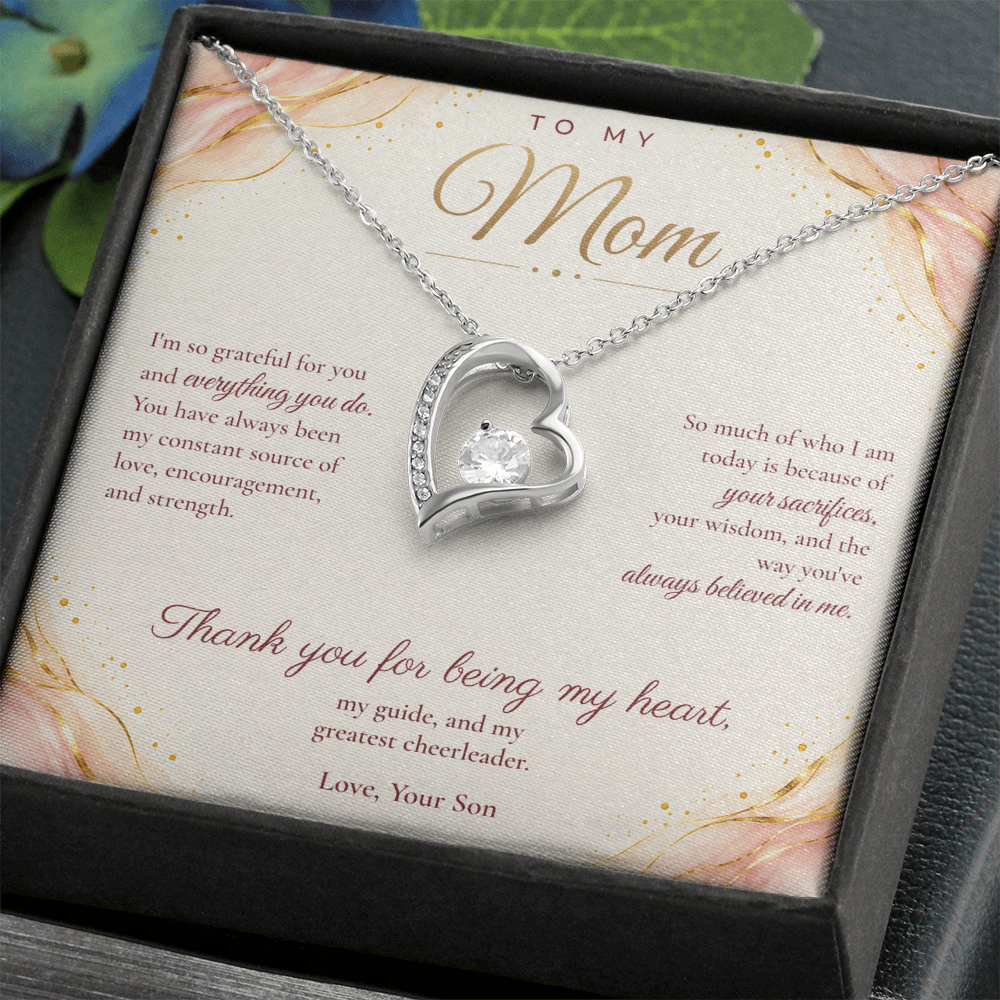 To My Mom Necklace — Forever Love Heart Pendant with Message Card | Christmas Gift for Mom (From Son – Blush Waves)