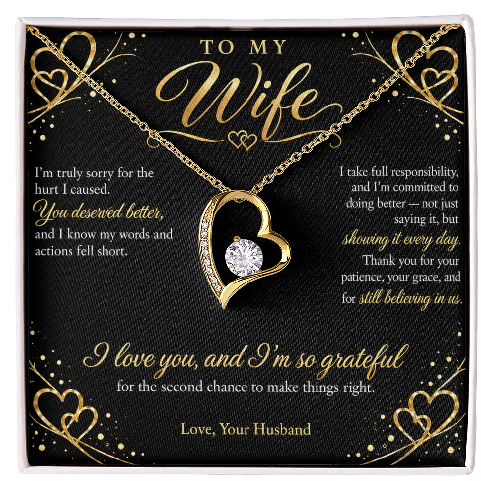 To My Wife Necklace — Forever Love Heart Pendant with Apology Message Card | I'm Sorry Gift for Wife (Midnight Gold Hearts)