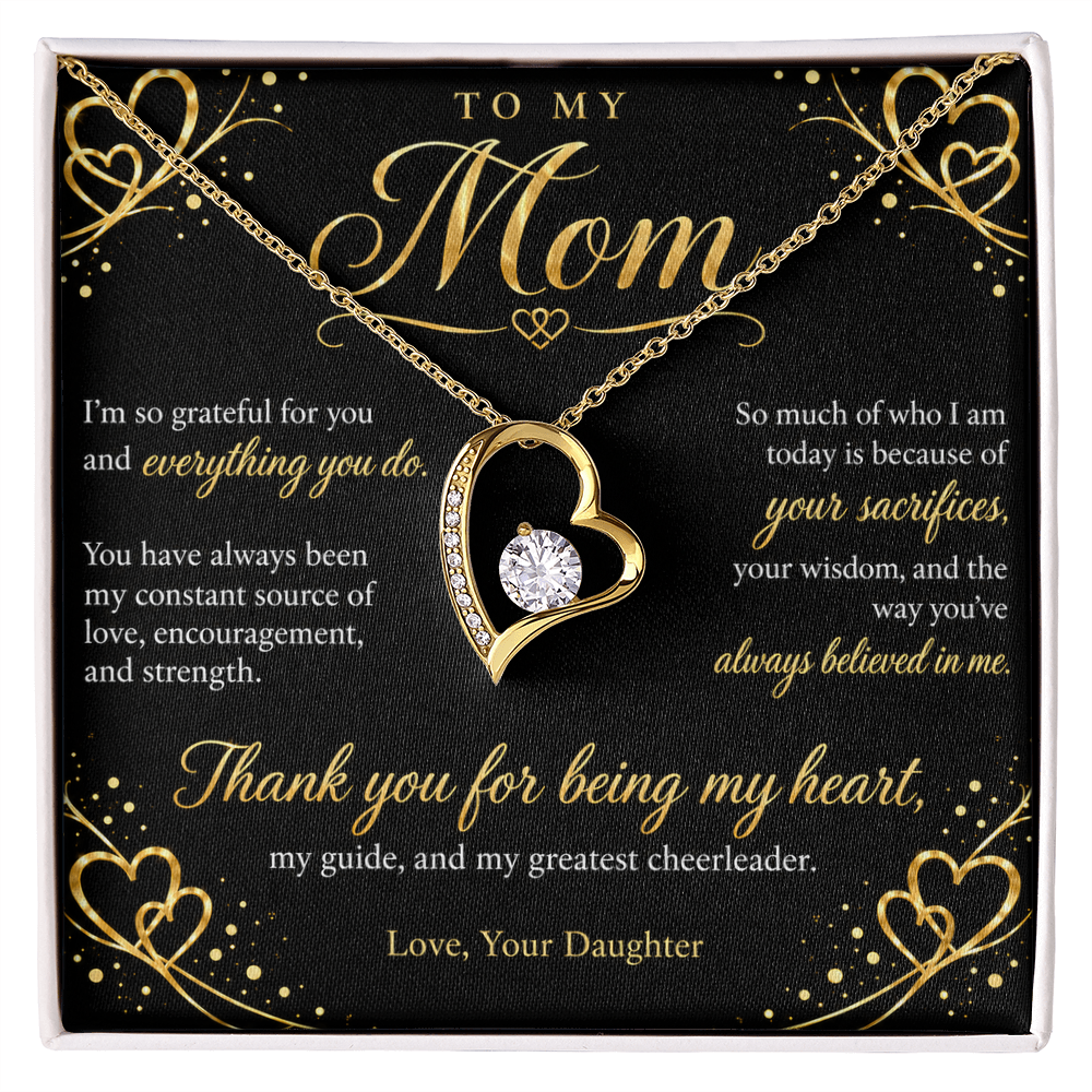 To My Mom Necklace — Forever Love Heart Pendant with Message Card | Gift for Mom from Daughter (Midnight Gold Hearts)