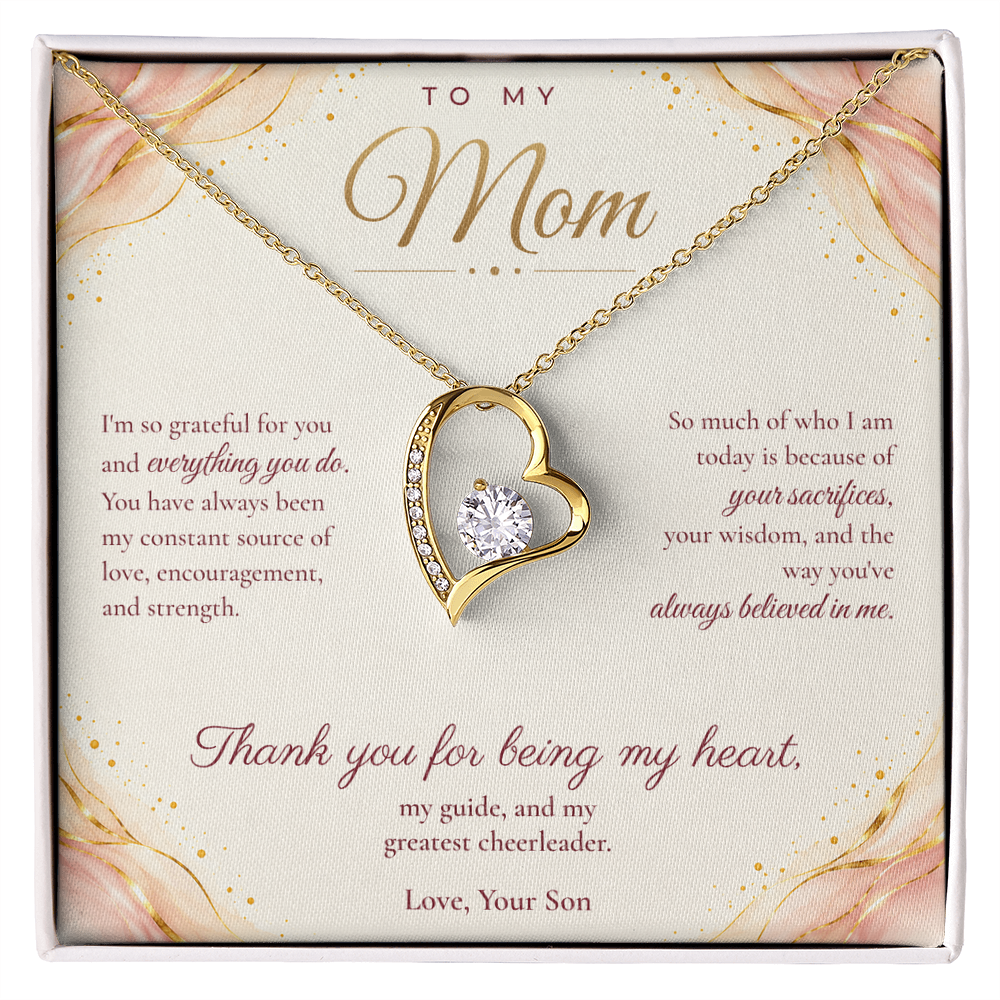 To My Mom Necklace — Forever Love Heart Pendant with Message Card | Christmas Gift for Mom (From Son – Blush Waves)