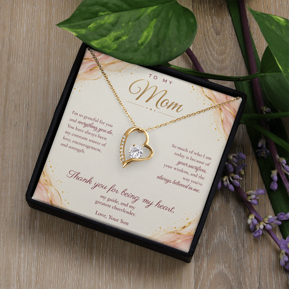 To My Mom Necklace — Forever Love Heart Pendant with Message Card | Christmas Gift for Mom (From Son – Blush Waves)