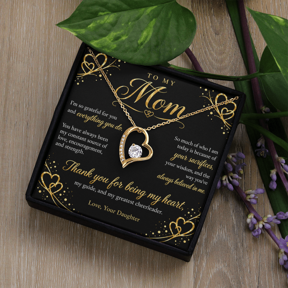 To My Mom Necklace — Forever Love Heart Pendant with Message Card | Gift for Mom from Daughter (Midnight Gold Hearts)