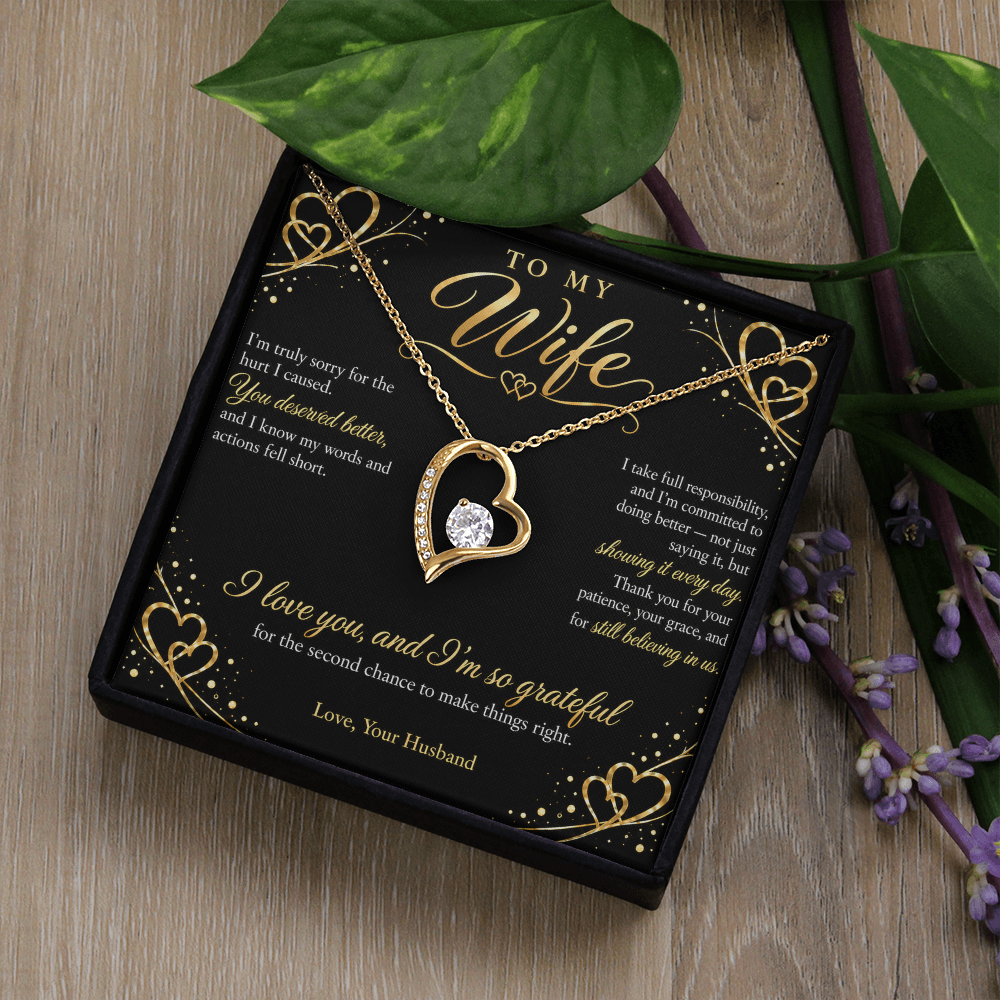 To My Wife Necklace — Forever Love Heart Pendant with Apology Message Card | I'm Sorry Gift for Wife (Midnight Gold Hearts)