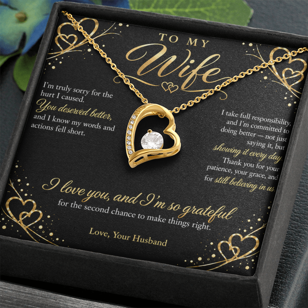 To My Wife Necklace — Forever Love Heart Pendant with Apology Message Card | I'm Sorry Gift for Wife (Midnight Gold Hearts)